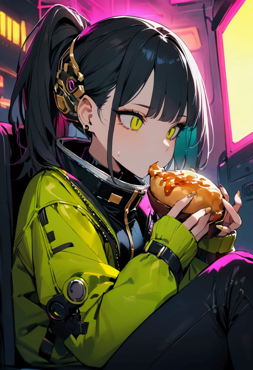 masterpiece,Highest quality,Super quality,cyber punk,cool,Eating a meal,Black hair with gold accents,Emotionless,Companion Character