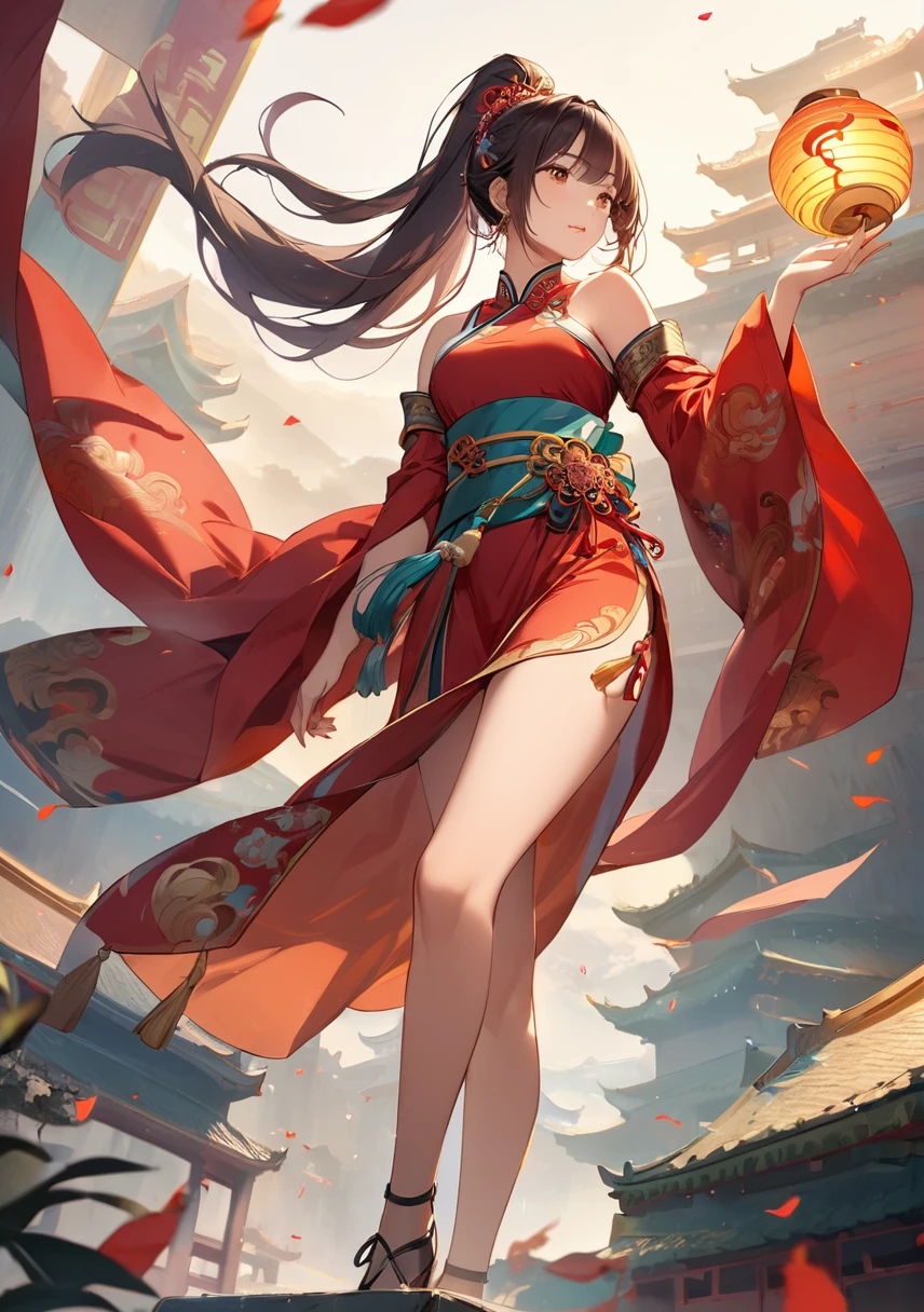 Low angle shot, Chinese Fantasy, Ancient Chinese Mythology, Bare shoulders, Long Ponytail, Bangs , It's attractive, wearing a gorgeous sheer halter neck vibrant color party dress, Deep Plunge, Translucent Robe, The Goddess(((NSFW))) (((Long Hair))) (((Girl toddler))) ((()) ((Completely naked)) Black Hair A see-through black Chinese dress with a low chest
