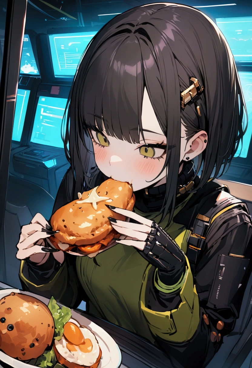 masterpiece,Highest quality,Super quality,cyber punk,cool,Eating a meal,Gold and black hair,Emotionless,Companion Character