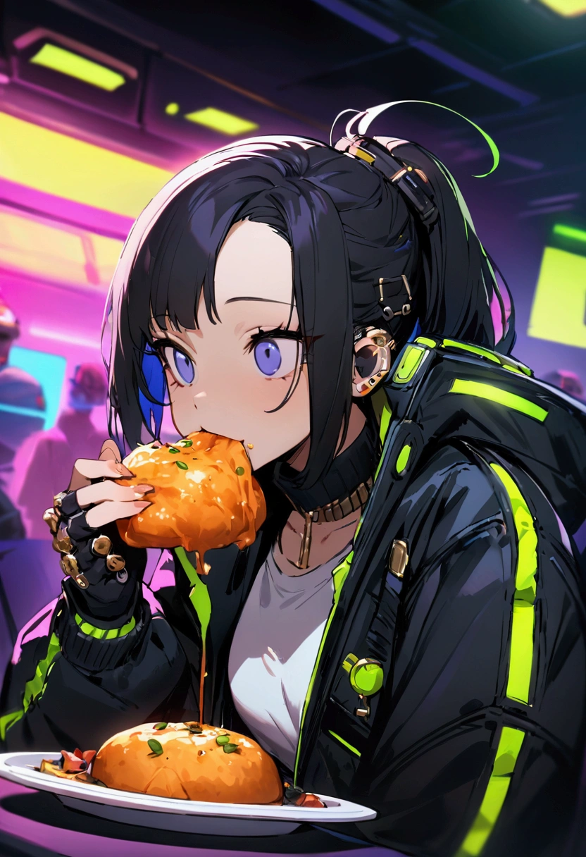 masterpiece,Highest quality,Super quality,cyber punk,cool,Eating a meal,Gold and black hair,Emotionless,Companion Character