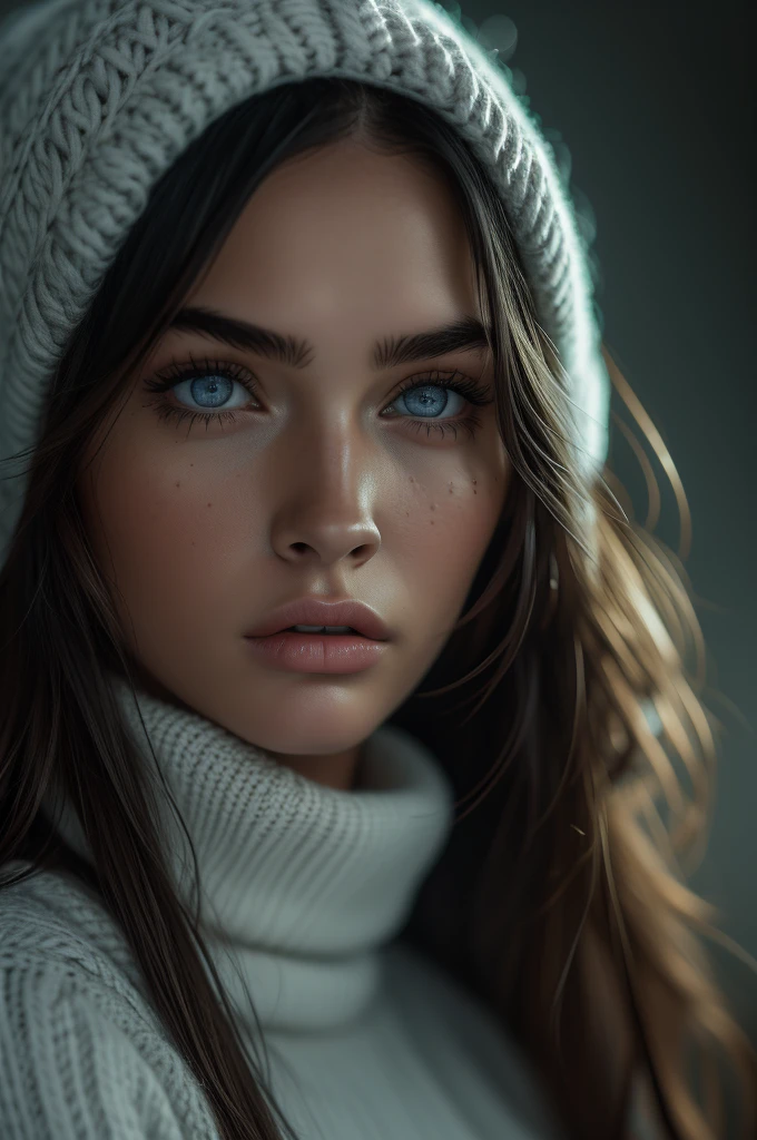 16 years old Megan Fox, ultra-detailed Nordic eyes, bangs, knit sweater, (((masterpiece, ultra-detailed face))).