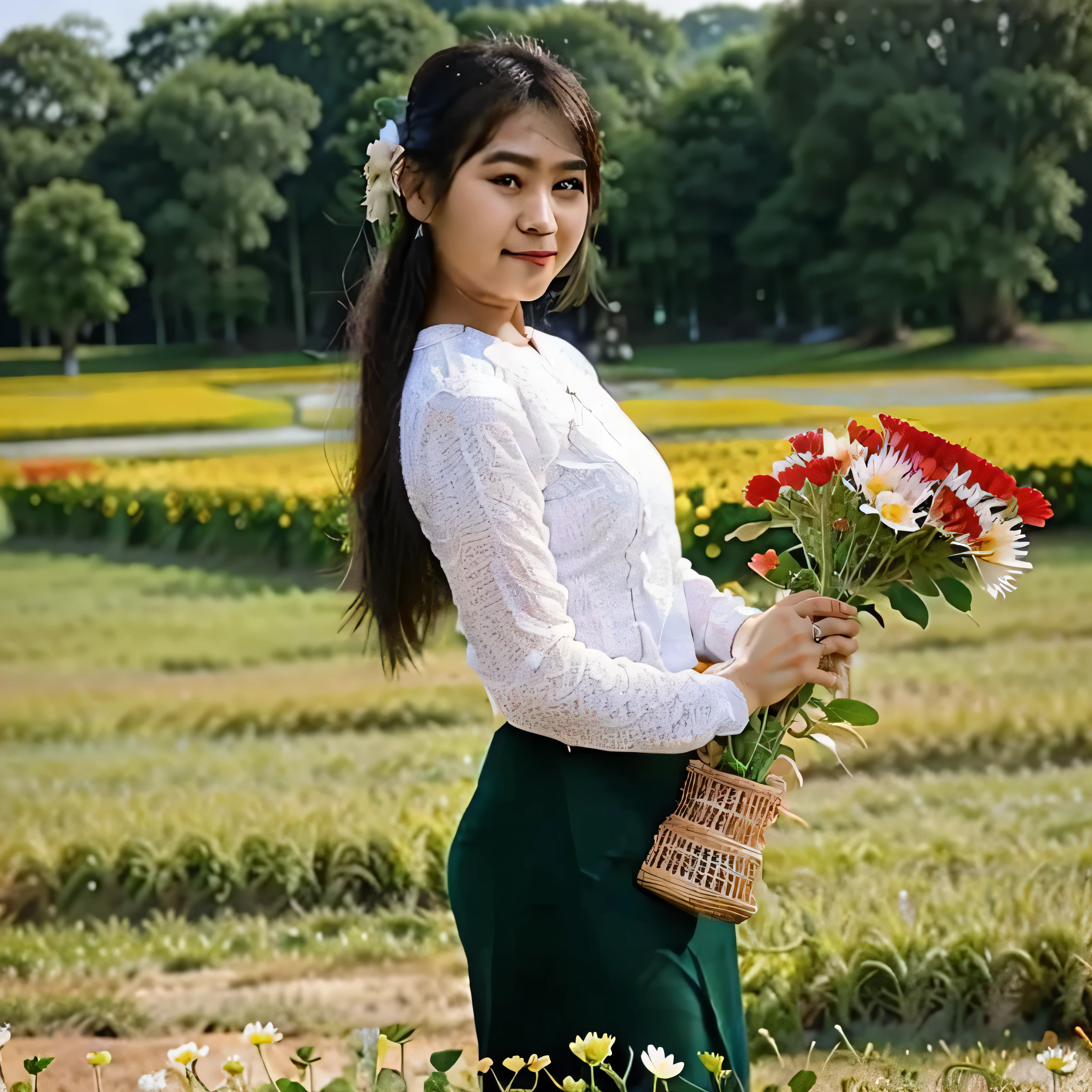 Burmese girl with her 's  standing in a beautiful field of flowers.