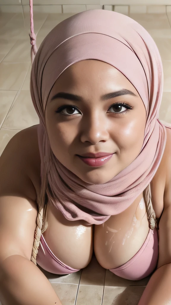 (64k, RAW photo, masterpiecel1.4, realistic, photo-realistic, best quality, HDR, ((lighting)), ((luxury hotel)), ((laying on a dirty tiles)), ((1 beautiful malay girl)), ((smirk)), ((seductive poses)), ((sexy body)) , ((fullbody)), photo of a malay girl pink tudung hijab, details skin texture, bright skin, big gorgeous eyes, double eye lids, perfect eye, ((huge-breasted), ((chubby body)), ((chubby leg)), ((soft smile face)), ((pink tudung hijab)), ((hands tied with rope)), ((real cum facial all over face)), ((bondage with rope)) 