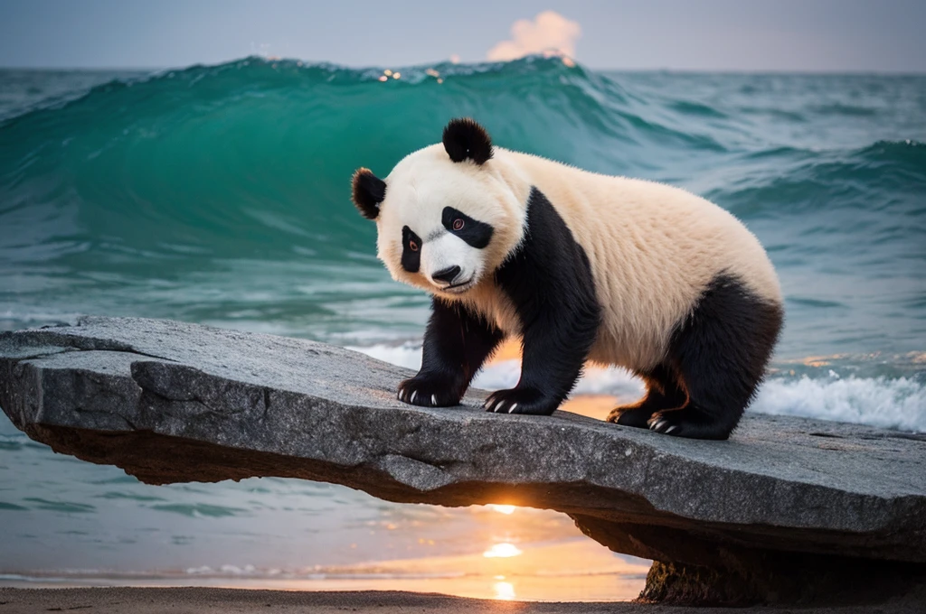 panda bear,ocean,cute,sunset,rassen,rock,island