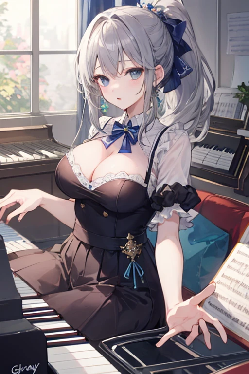 ((Highest quality)), ((masterpiece)), (detailed), girl, high school student、、Large Breasts、Playing the piano、Gray Hair、ponytail、He&#39;s wearing a cool black and white suit、Shining Eyes、Beautiful light blue eyes、Smooth skin、Longer Hair、Touching hair、Large concert hall、Beautiful performance、smile、Many spectators around