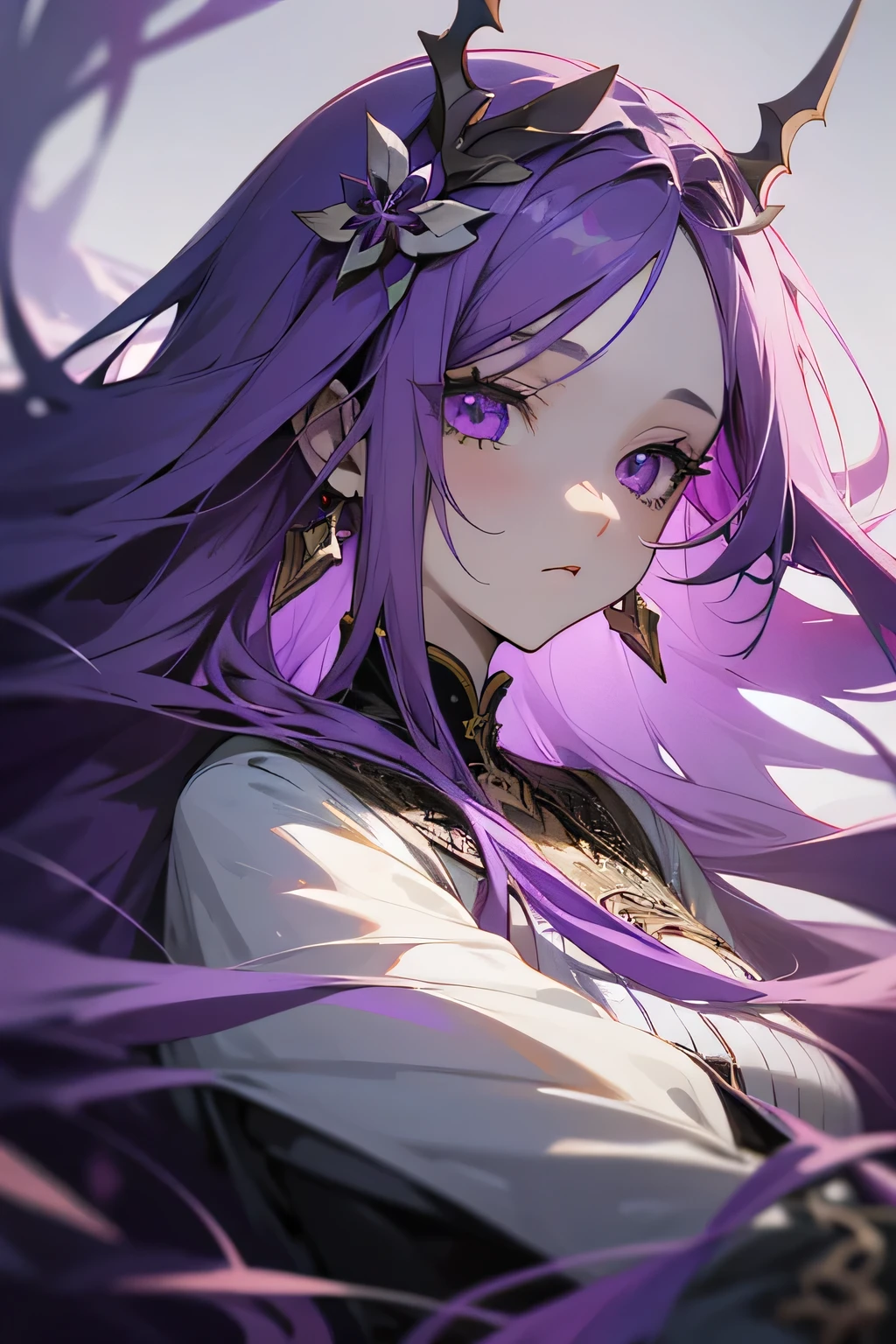 detailed anime girl with long purple hair, lifeless eyes, detailed facial features, intricate hair ornaments, flowing purple hair, pale skin, serene expression, intricate clothing details, dramatic lighting, muted color palette