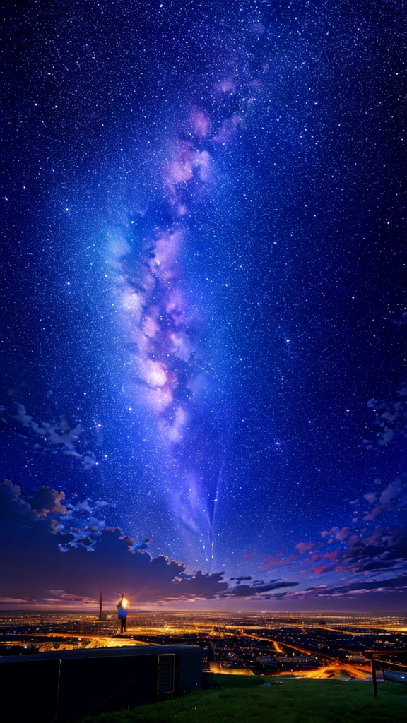 octans, sky, star (sky), scenery, starry sky, night, 1girl, night sky, solo, outdoors, building, cloud, milky way, sitting, tree, long hair, city, silhouette, cityscape