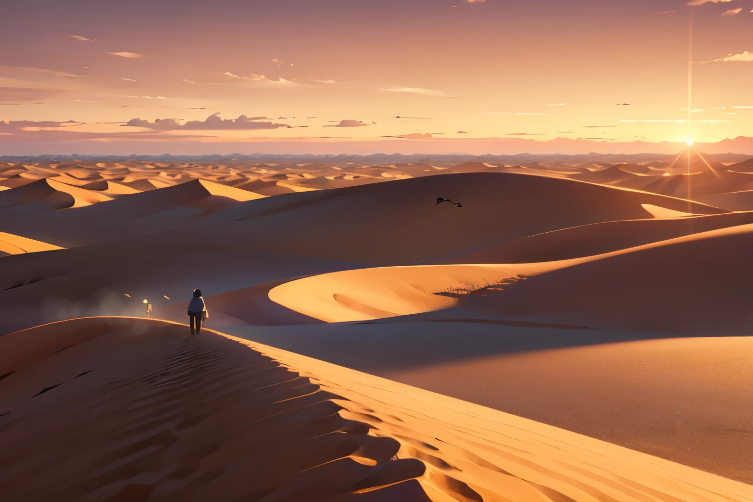 migratory in desert, alone back view, no bag, wide angle,