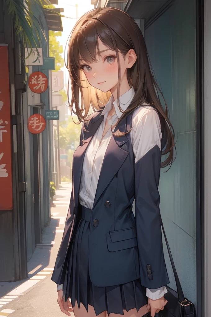 ((masterpiece,Highest quality:1.3,Highest qualityのイラスト,Real)),Cowboy Shot,solo,1 female,(Japanese Mature Beauty),Brown Hair,Long Hair,Center-parted bangs,Brown eyes,gorgeous eyes,((very small head:1.3)),blush,smile,((Very long body:1.2,Are thin)),Medium chest,(Sunburned skin:1.4),(Glowing Skin,Toned body,Slender body),、Dark blue blazer jacket,Navy blue pleated mini skirt,On the road,Tokyo,