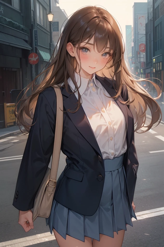((masterpiece,Highest quality:1.3,Highest qualityのイラスト,Real)),Cowboy Shot,solo,1 female,(Japanese Mature Beauty),Brown Hair,Long Hair,Center-parted bangs,Brown eyes,gorgeous eyes,((very small head:1.3)),blush,smile,((Very long body:1.2,Are thin)),Medium chest,(Sunburned skin:1.4),(Glowing Skin,Toned body,Slender body),、Dark blue blazer jacket,Navy blue pleated mini skirt,On the road,Tokyo,