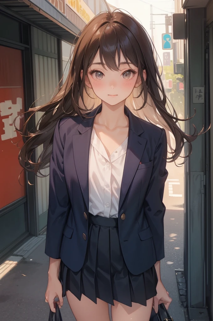 ((masterpiece,Highest quality:1.3,Highest qualityのイラスト,Real)),Cowboy Shot,solo,1 female,(Japanese Mature Beauty),Brown Hair,Long Hair,Center-parted bangs,Brown eyes,gorgeous eyes,((very small head:1.3)),blush,smile,((Very long body:1.2,Are thin)),Medium chest,(Sunburned skin:1.4),(Glowing Skin,Toned body,Slender body),、Dark blue blazer jacket,Navy blue pleated mini skirt,On the road,Tokyo,