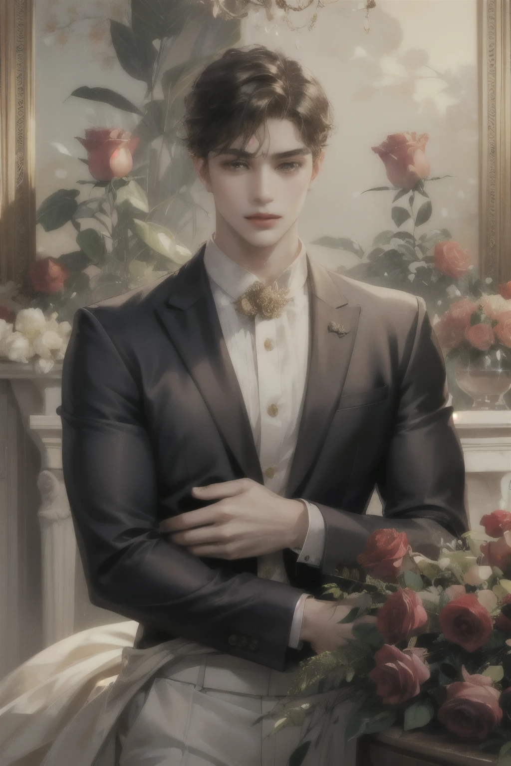 Portrait of a fancy teenage male, , and tan skin, have a fancy and modern design of clothes, Red, brown skin, giving a Marilyn Monroe Vibe, Sedductive beautiful male with beautiful roses and buquet,bright colors, fixed light composition