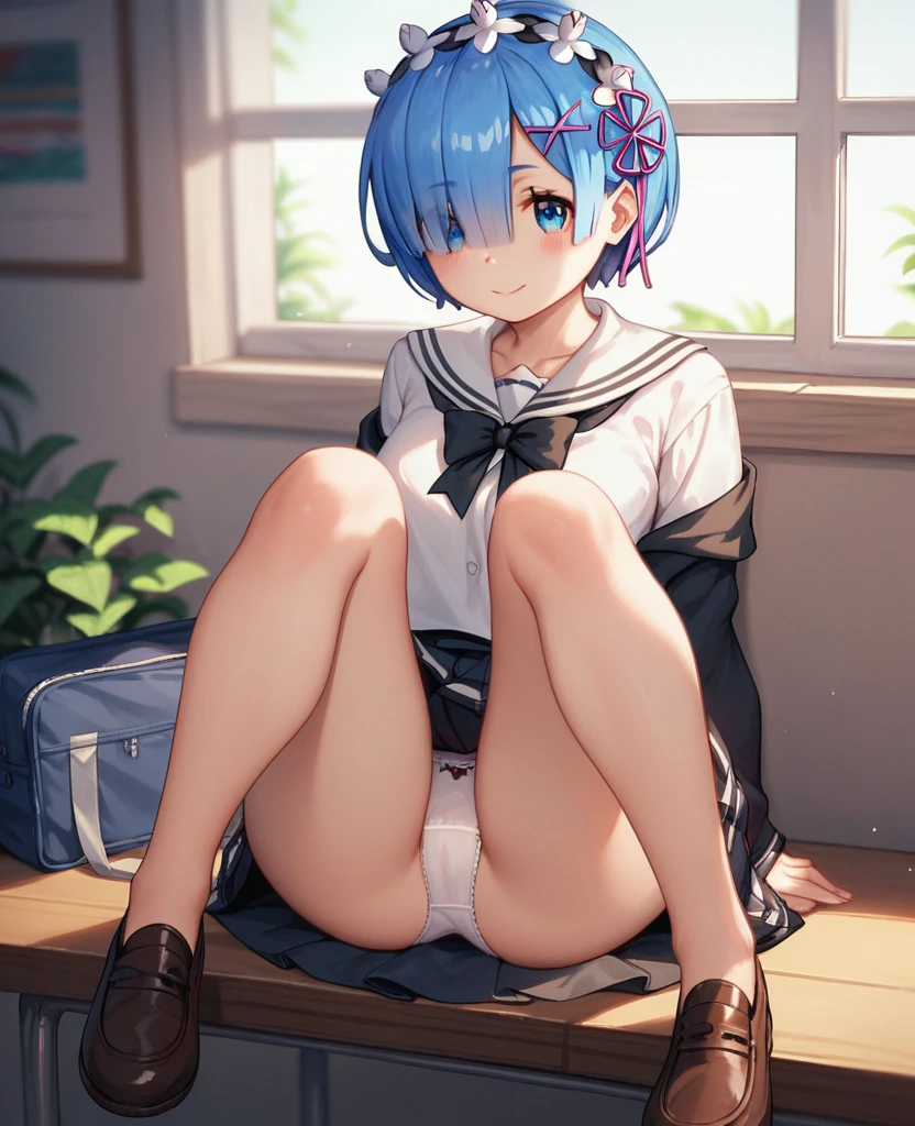 (((Pixel Perfect, Perfect detail))),girl,((Re:Zero Rem)),(((whole body)))Medium chest, ((Bangs that hide the right eye))((Blue Hair))Rem-style hair accessory,(((school uniform)))Skirt lifted,White panties, sitting in M-shape, legs apart