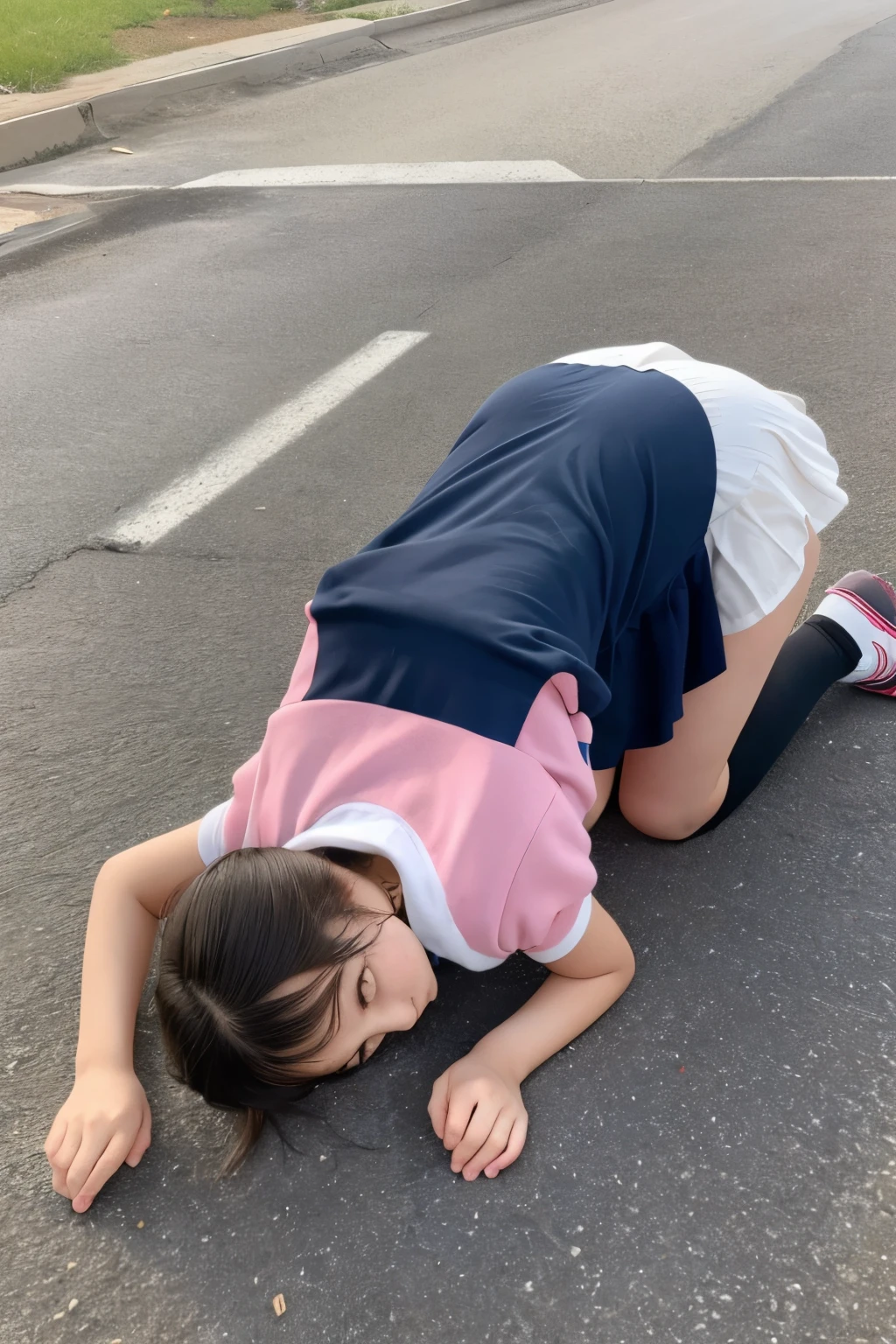 A female junior high school student is on all fours and her underwear is visible