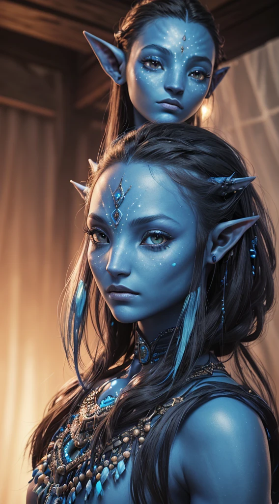 blue humanoid avatar with bioluminescent avatar markings dots and patterns on their skin. Tribal clothes, pointed elf ears. avatar like hair, hair colour black, sparkling glowing blue eyes, slightly shimmery iridescent blue skin. female, warrior like, magical and mystical, detailed and realistic. Only blue skin tone. Only blue coloured skin. Skin colour all blue.