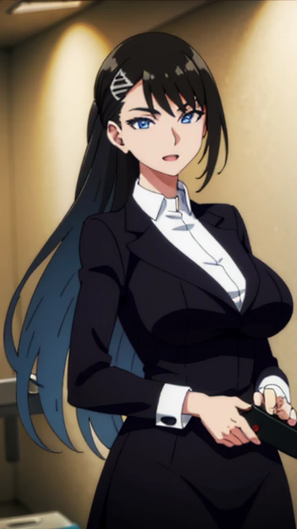 (masterpiece), (best quality), (ultra-detailed), ((girl, 29 years old)), an extremely delicate and beautiful, detailed eyes, minute details, (black hair, long hair, straight hair, hair between eyes), ((big breasts)), smile, open mouth, ((beautiful eyes)), (blue eyes), (upper body), she is wearing a blue dress, (detailed clothes), (detailed background, in a hospital, hospital hallway), (monochrome)