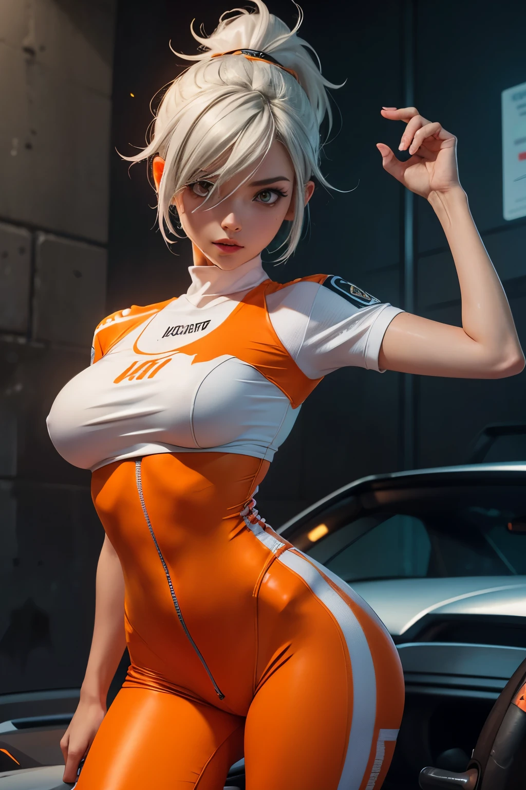 They see, tracer, steering wheel,yorkha 2b,Surveillance,nir-automata,Pilot mechanic,school track,tattoos,orange and pink jumpsuit,white short sleeve lycra top,white cargo leggings,bare belly,short hair,punk makeup,green eyes,Multicolored silver hair,sonrisa sexual,Part,beautiful girl,big breasts,8 K,Ultra detailed,realist,fantasy art,military uniform,Ear piercing,sports suit,Chika Saiyajin,short sleeve sports sweatshirt,graffiti on the wall,Run,Collar for Dogs,wet body, Ponytail, orange bodysuit, tight, camel's foot, very wet, They see, 20 year old woman, (((Best quality))), (((absurd))), ((very colorful hair)), ((long hair)), ((big tits)), ((big tits)), ((camel's foot)), ((Ponytail)), ((They see)), ((sexual)), ((from below)), ((from below)), They see frente a una pscina con bodysuit morado, Latex bodysuit, Sun Ray, sunny day, ((purple eyes)), (((bright eyes))), ((Smooth skin)), tight clothes, no bra, multicolored hair, from below mirando al espectador, RAW, A sneer, big breasts, Light background, Japanese house behind, alas, seduciendo al espectador con su camel's foot, (((bod rozado))), (((Яркие purple eyes))), (((hands at sides))), (((hands behind))), (((very long hair)))