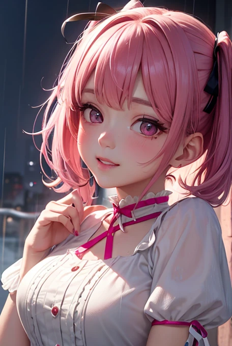 masterpiece, best quality, highly detailed, high resolution, expensive resolution, high resolution, 4k, 8k, uniform 8k wallpaper, highly detailed CG, masterpiece, 2d, 3d, beautiful details, depth, fine texture, best quality: 1.3, perfectly focused, sharp. skin, him, very cute anime girl, her name is Mei, short pigtails, idol, in the rain, expensive pink short pigtails, mole under eye, looking at the viewer, expensive, blush, mole, open lips, pink eyes, heart shaped choker, smiling face