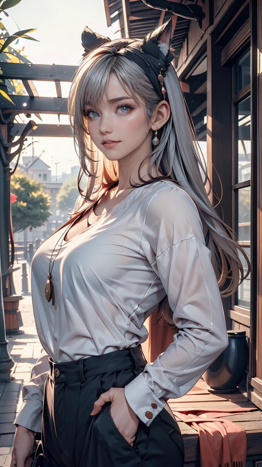 ((Highest quality)), ((masterpiece)), ((Realistic)), ((Highest quality)), ((masterpiece)), ((Realistic)), Girl Walking In The Desert, Looks tired, Loose clothing, long sleeve shirt and trousers, headgear, so beautiful, Natural and casual style at eye level, Scenic, masterpiece, (High resolution), original, extremely detailed 8K , (photoRealistic:1.4),Perfect Face, Perfect Eyes,Symmetrical body type,smile, 、 24-year-old female、Sexy proportions、Sexy、Narrow waist、Silver Hair