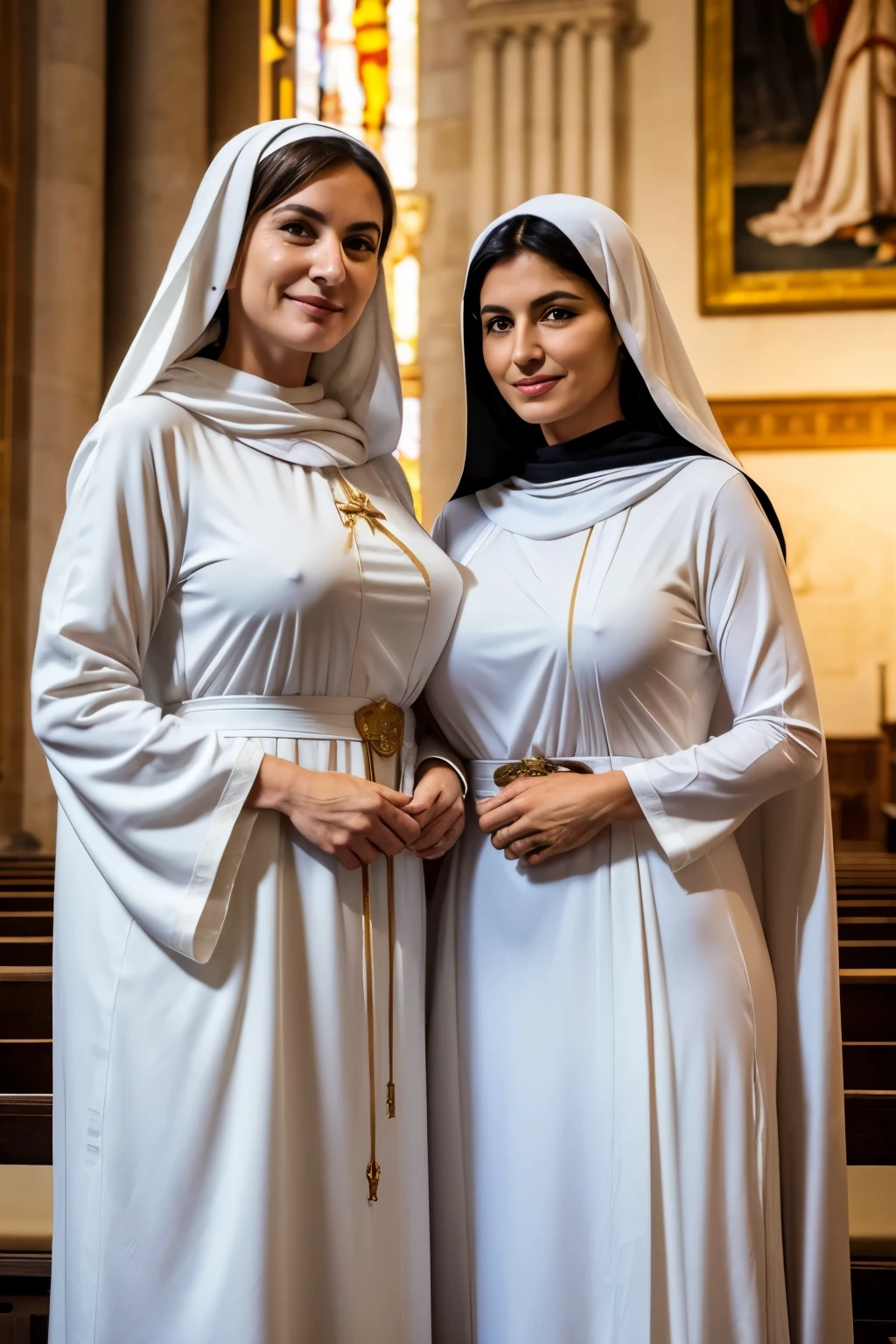 Two Italian women、Mature mother and beautiful daughter、Huge breasts、Sexy body、White monastic vestments、Nuns、Standing cuddly、In the church