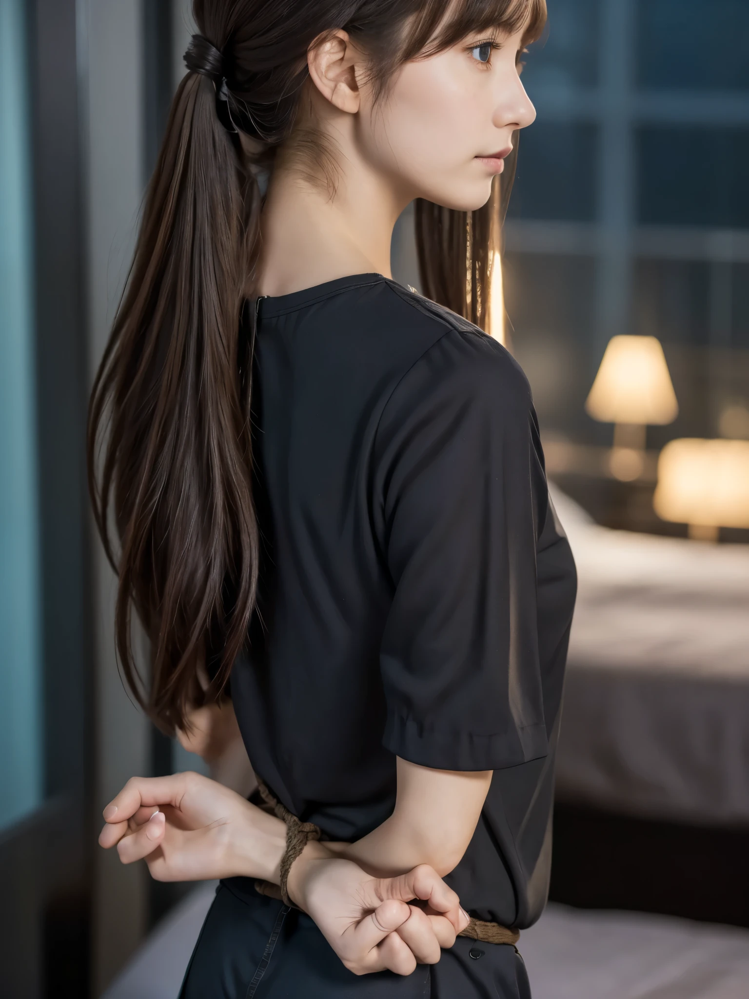 Kidnapped Woman、His hands are tied、((Place your hands behind your back))、((Place your hands together and cross them behind your back))、(((Her wrists are tied with rope)))、shibari、Beauty、20age、university student、(anatomicaly, Has two arms and two hands)、In a hotel room with the lights on、Stand by the window、Outside the window is the night sky、There are many stars、Wearing a short-sleeved blouse、Wear a high school student-style miniskirt、Uniform eyes、Proportioned proportions、Small breasts、Small face、(I can see from head to heel), Black Hair, bangs, swept bangs, Straight hair, Nervous, Messy Hair, Floating hair, Cinema Lighting, tachi-e, First-person view, throw, From behind, F/1.2, Nikon, Surrealism, 超High resolution, Highest quality, High resolution, 8k, Textured skin, anatomicaly正しい体,