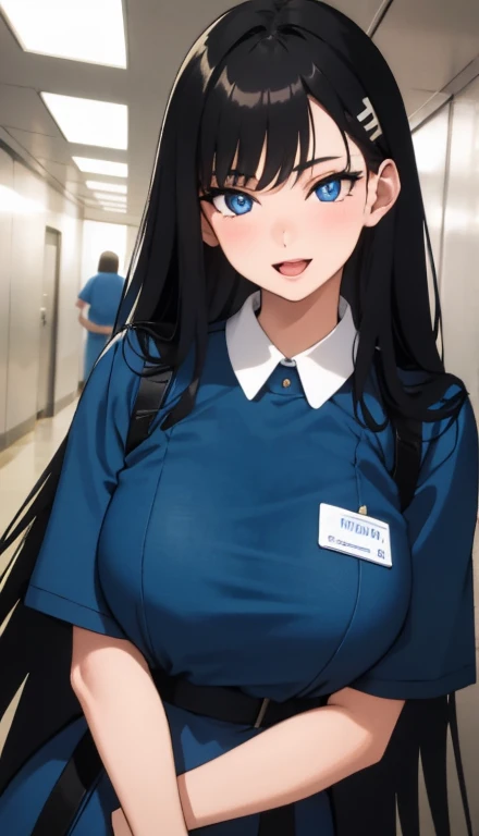 (masterpiece), (best quality), (ultra-detailed), ((girl, 29 years old)), an extremely delicate and beautiful, detailed eyes, minute details, (black hair, long hair, straight hair, hair between eyes), ((big breasts)), smile, open mouth, ((beautiful eyes)), (blue eyes), (upper body), she is wearing a blue dress, (detailed clothes), (detailed background, in a hospital, hospital hallway), (monochrome)