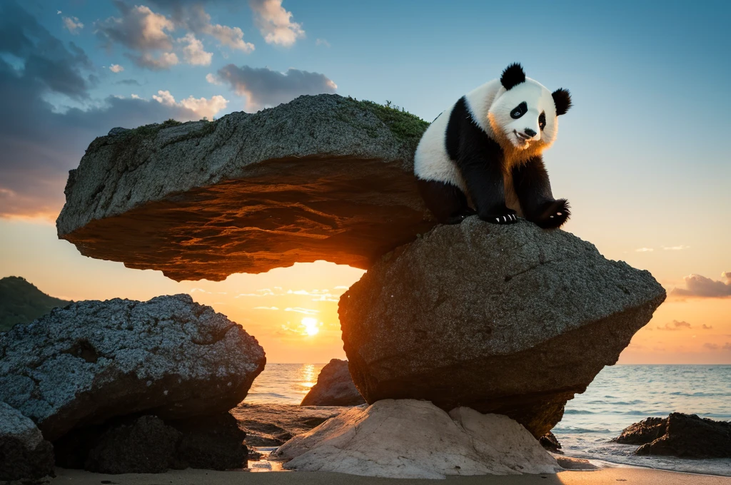 panda bear,ocean,cute,sunset,rassen,rock,island,sad,space