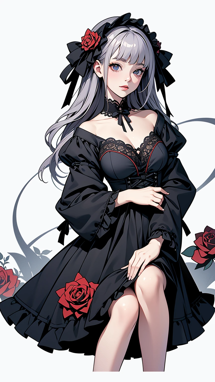 (masterpiece, High resolution, Highest quality), 20-year-old woman, Exposed cleavage, Gothic Lolita Fashion:1.2, Black Rose Collage, Japanese pattern background, Dark, Anime Style, Simple lines, Digital Painting,