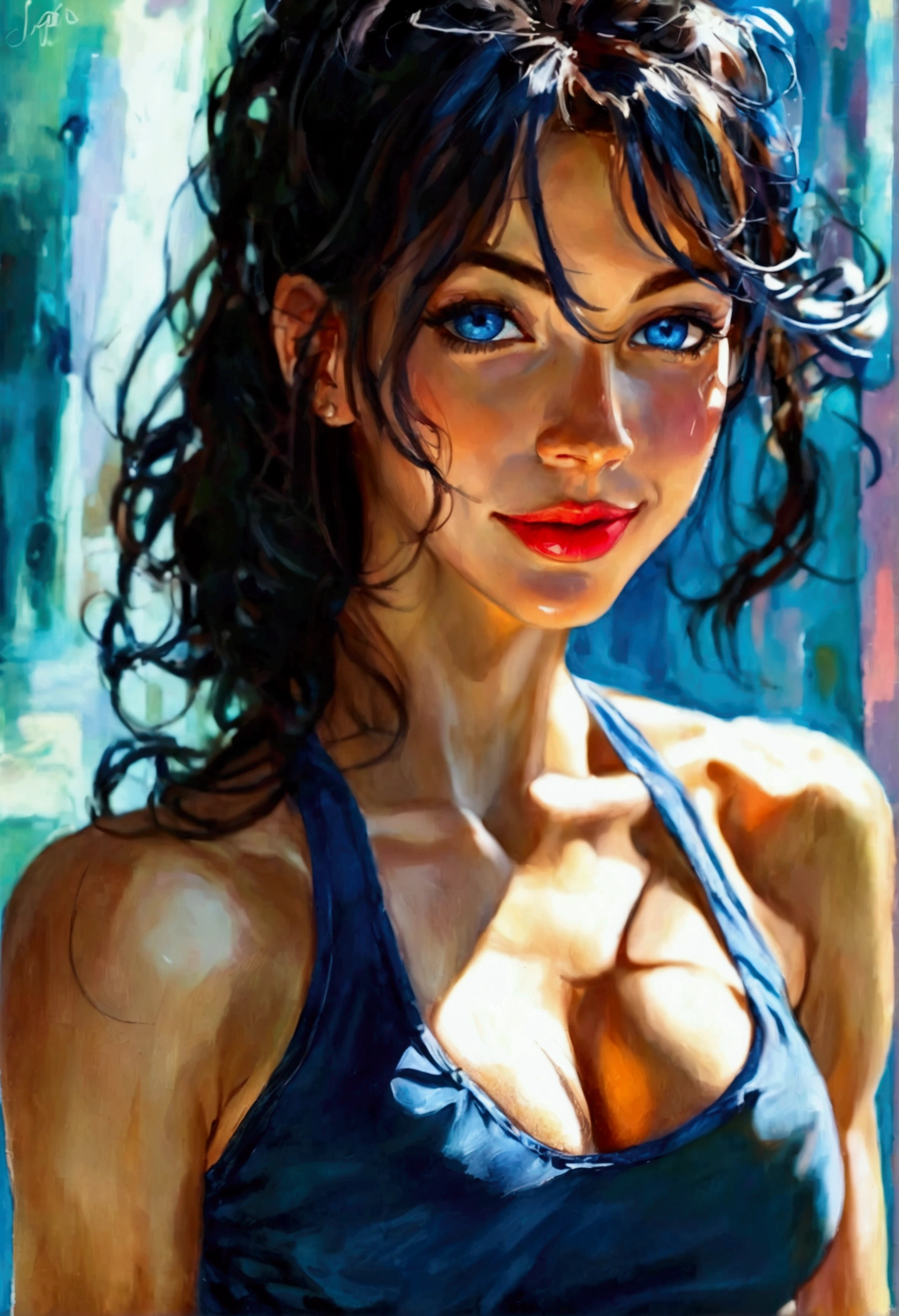 Caucasian woman, ((black hair)), wavy hair, long hair, hair in a ponytail, blue eyes, lined eyes, shiny eyes, highlights blue eyes, red lipstick, makeup, smile, (athletic body), ((medium breasts)), nipples, (((navy blue top))), ((Low-cut top)), Front shot.