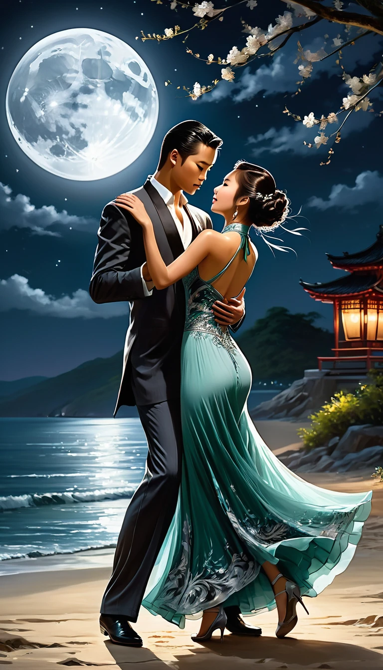 1 asian girl in long dress dance tango with a man in the moonlight,realistic,halter dress ,best quality, masterpiece, highres, original, extremely detailed wallpaper,an extremely delicate and beautiful,