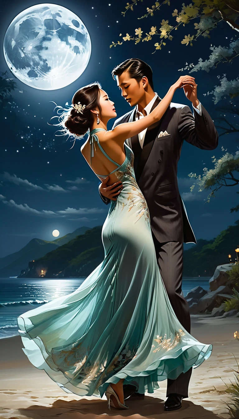 1 asian girl in long dress dance tango with a man in the moonlight,realistic,halter dress ,best quality, masterpiece, highres, original, extremely detailed wallpaper,an extremely delicate and beautiful,