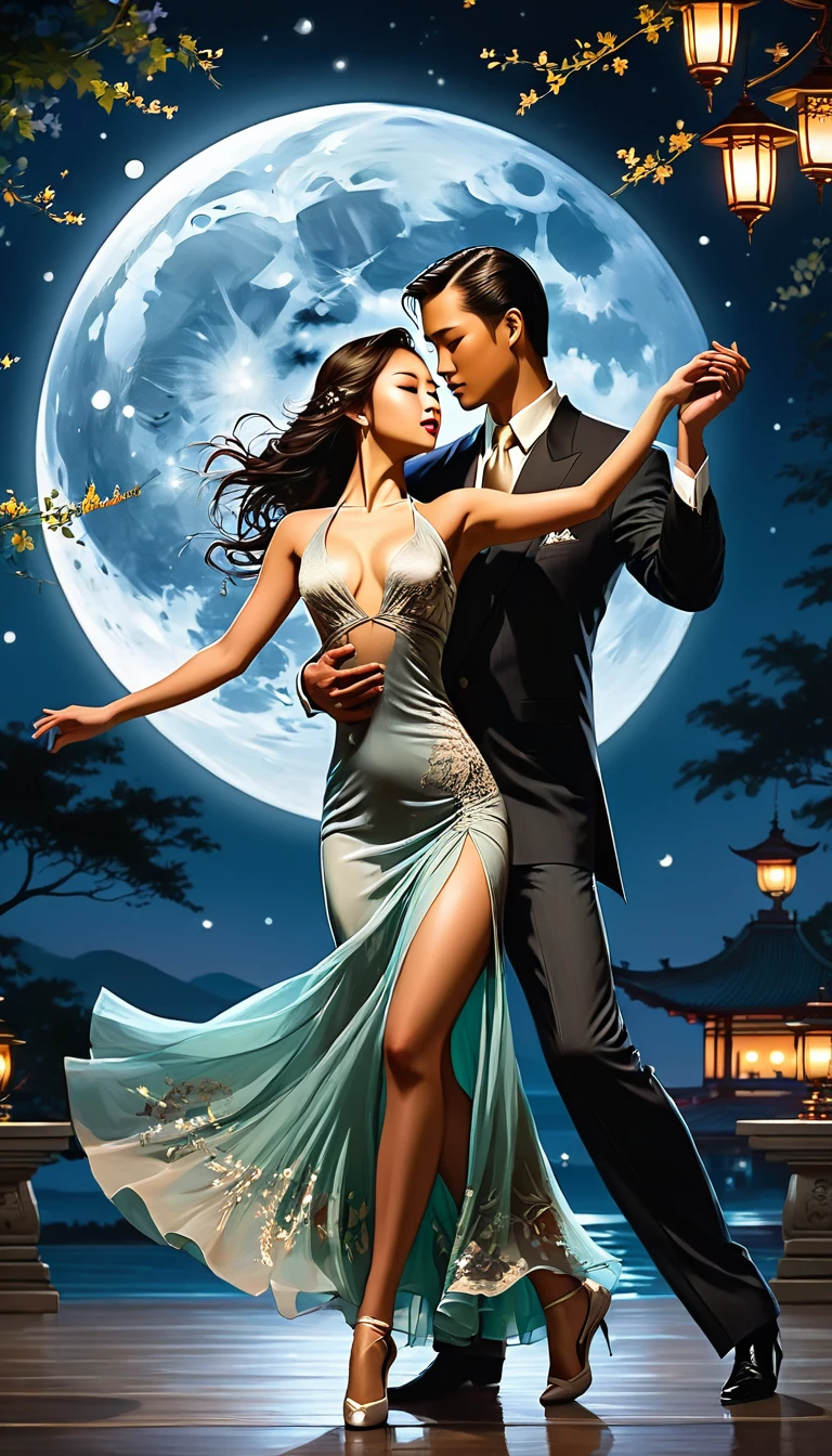 1 asian girl in long dress dance tango with a man in the moonlight,realistic,halter dress ,best quality, masterpiece, highres, original, extremely detailed wallpaper,an extremely delicate and beautiful,