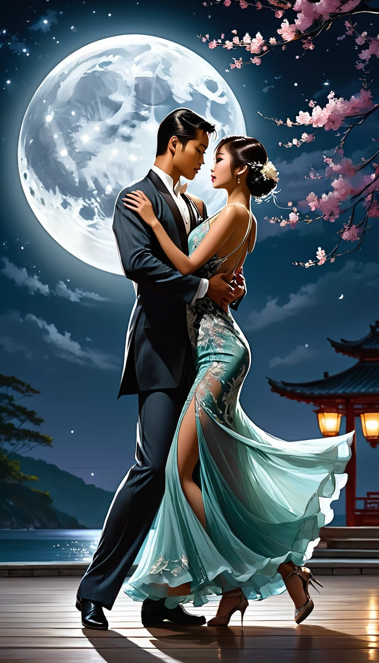 1 asian girl in long dress dance tango with a man in the moonlight,realistic,halter dress ,best quality, masterpiece, highres, original, extremely detailed wallpaper,an extremely delicate and beautiful,