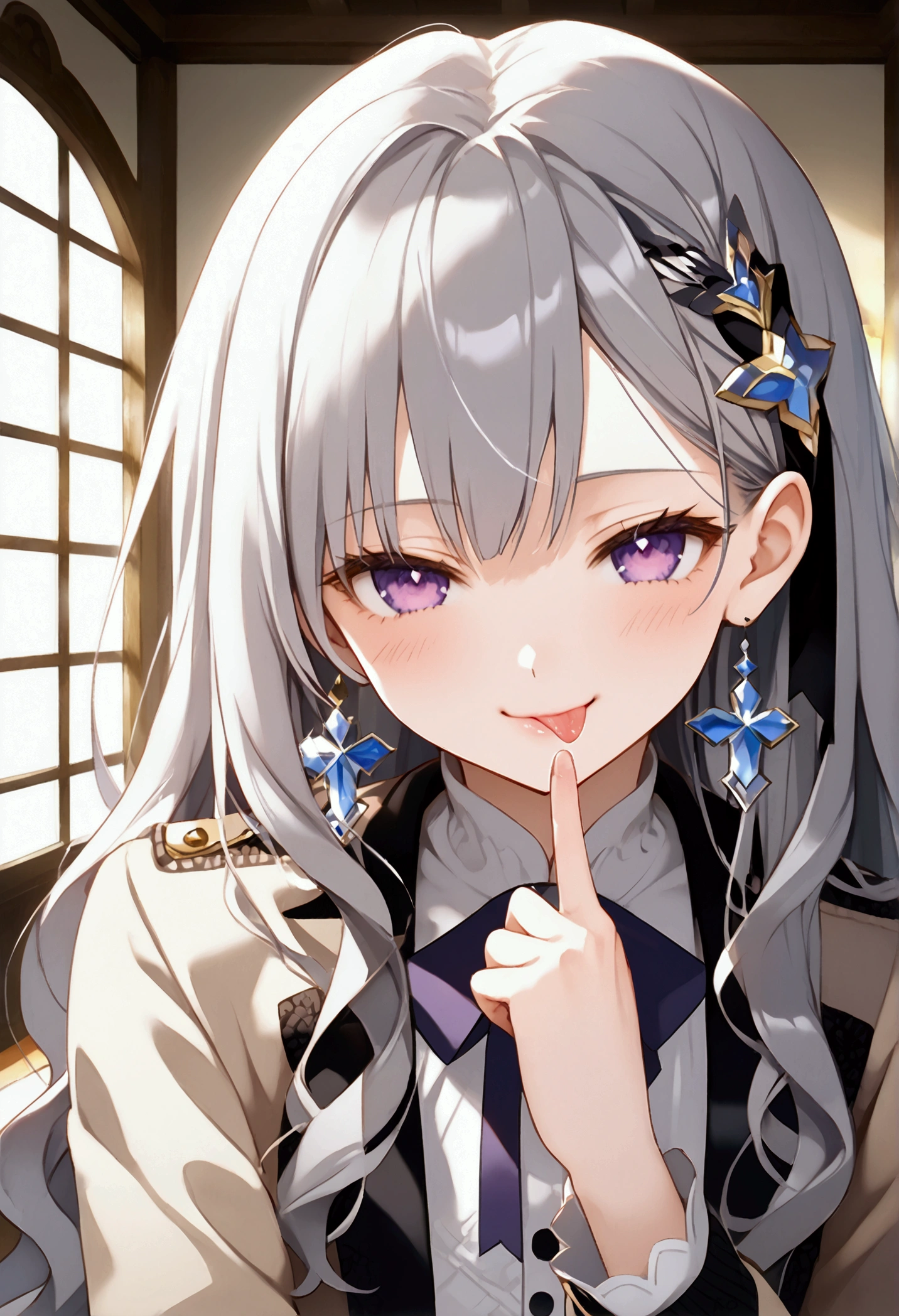 anime girl, grey hair, purple eyes, longhair, a high school girl, cute, elegant, beatiful, long hair, blush, smile, nervous, glasgow smile, anime, high detail, anime, anime style, cinematic lighting, bloom, UHD, masterpiece, accurate, anatomically correct, textured skin, super detail, high details, high quality, best quality, highres, 8k, jacket, cool, licking finger, sexy, seductive, anatomical correct, detailed body, textured skin, tongue out, expressions, naughty face, cute expresion, pov having date with girlfriend, bedroom