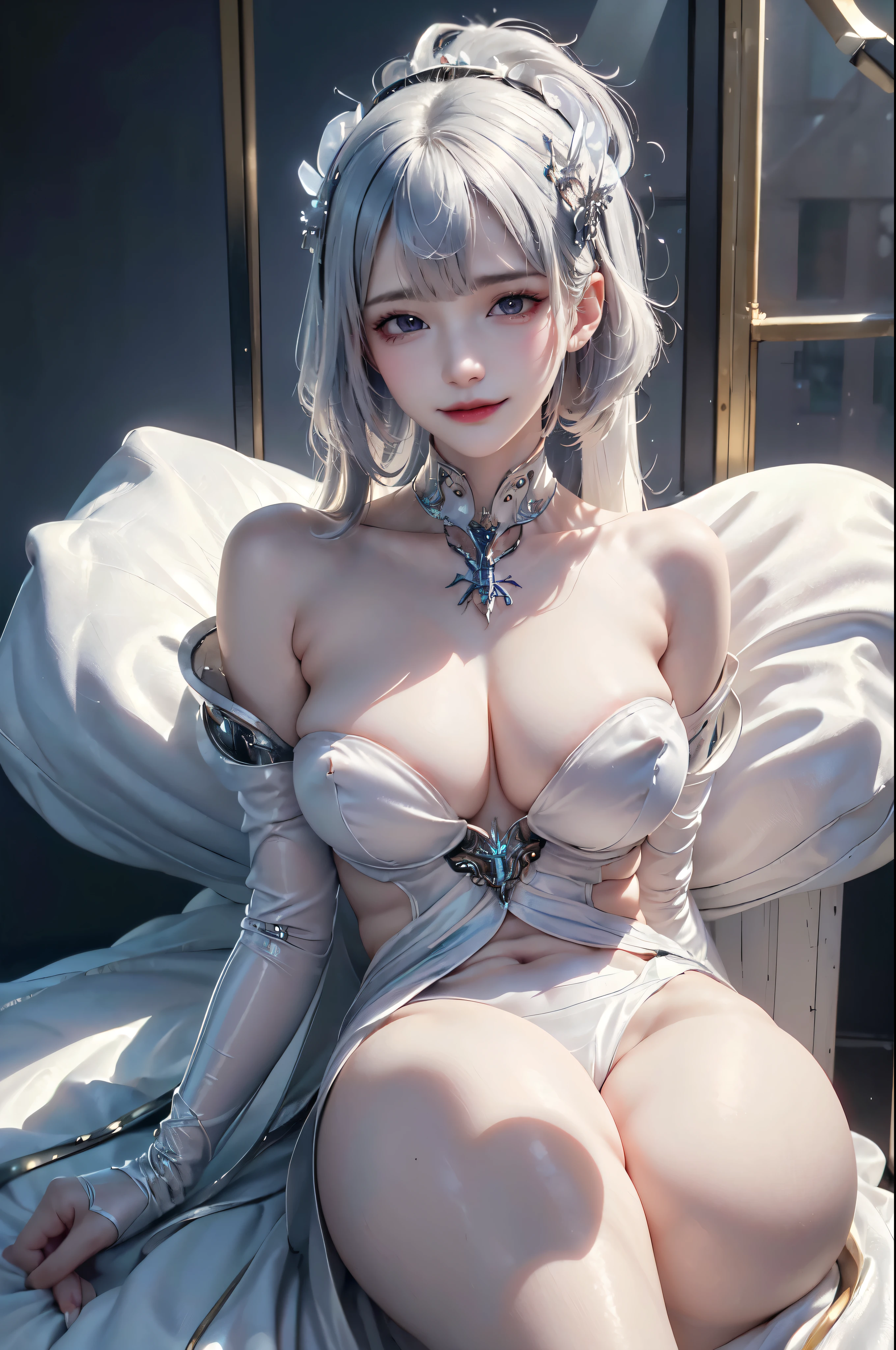 NSFW,((top quality、8k、masterpiece:1.3))Wears a silver-white mech，girl with delicate face，Highest image quality，Ultra-clear，Delicate and clear facial features，end of the world，Mechanical arm，Exquisitely detailed mechanical pattern,Cyberpunk characters、numbercity、number、century、throne、(((Completely naked)))