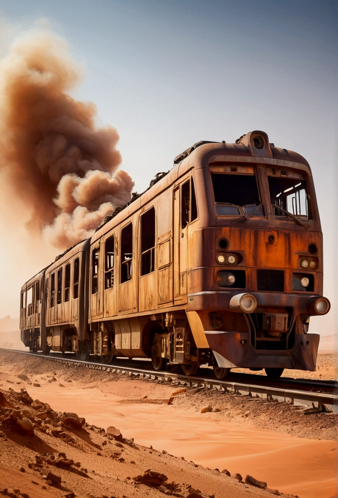 diagonal image of a modern rusty and ultra futuristic double decker and industrial metal train crossing the sahara desert, post-apocalyptic environment, the train passes through a destroyed industrial area with tall metal towers belching smoke 