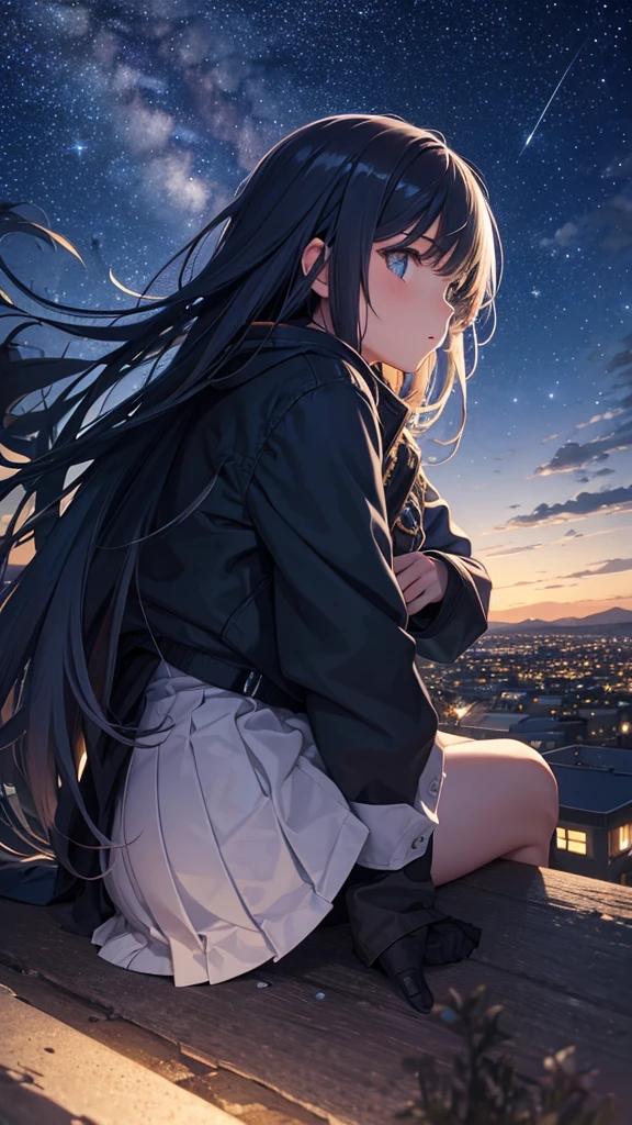 octans, sky, star (sky), scenery, starry sky, night, 1girl, night sky, solo, outdoors, building, cloud, milky way, sitting, tree, long hair, city, silhouette, cityscape