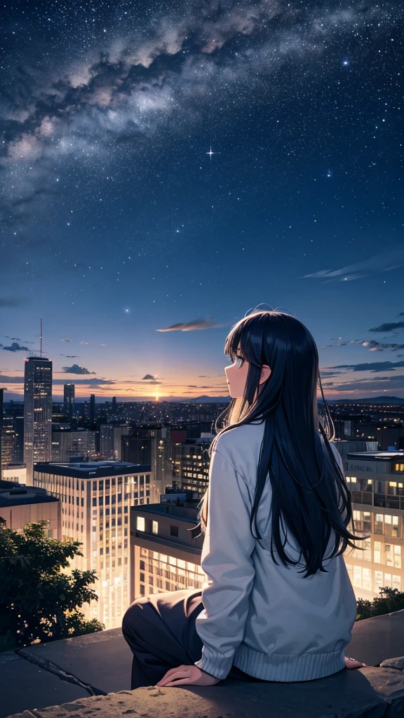 octans, sky, star (sky), scenery, starry sky, night, 1girl, night sky, solo, outdoors, building, cloud, milky way, sitting, tree, long hair, city, silhouette, cityscape