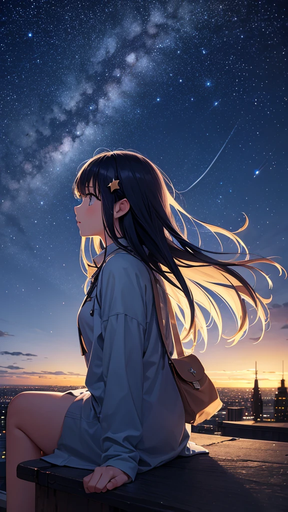 octans, sky, star (sky), scenery, starry sky, night, 1girl, night sky, solo, outdoors, building, cloud, milky way, sitting, tree, long hair, city, silhouette, cityscape