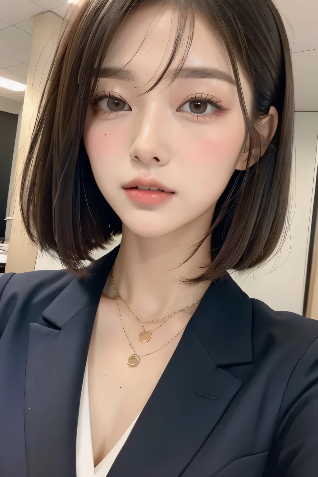 (Highest quality:1.3)、(masterpiece:1.4)、RAW Photos、8k、(最High resolution)、(Highest quality)、High resolution、(from the front)、Beautiful face in every detail、Realistic human skin、(Long Bob Hair:1.3)、(Straight hair)、(low hair volume:1.3)、Shirahime cut hairstyle、(Young and pretty Asian face), (Beautiful Asian Girl),((Ulzzang))、(Her eyes are big)、Attractive woman、(Attractive lips)、The corners of the mouth turn up、(With bangs))、Beautiful Hair、(blush:1.17)、(office lady)、(Navy blue suit)、Blushing、((office))、i want to kiss you、(I want you to kiss me)、The Temptation of Kissing、Night office、[[[smile]]]