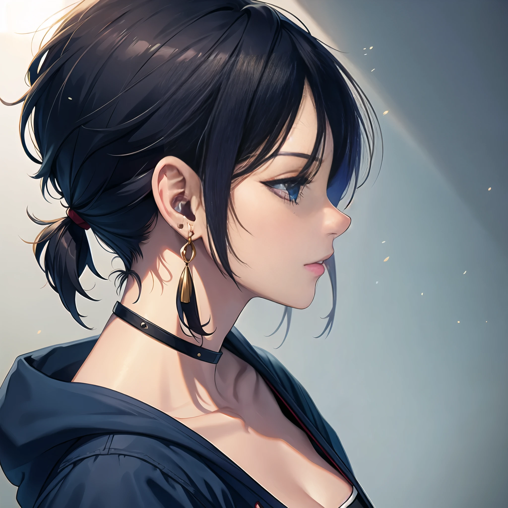 girl with low cut hair, profile, perfect  side profile view, earings, 8k, high quality, 