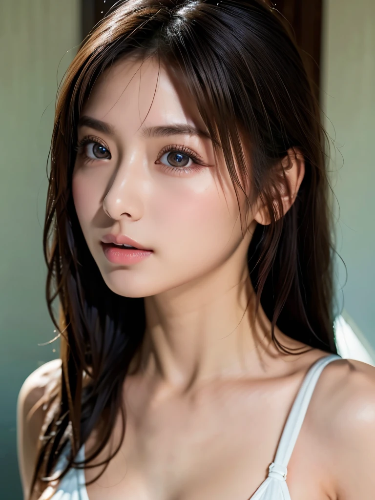 High quality, high resolution, best composition, one beautiful woman, only upper body out of the water, white bikini, best proportions, very detailed eyes, very detailed eyebrows, very detailed skin, very detailed mouth, very detailed nose, long hair, real skin.