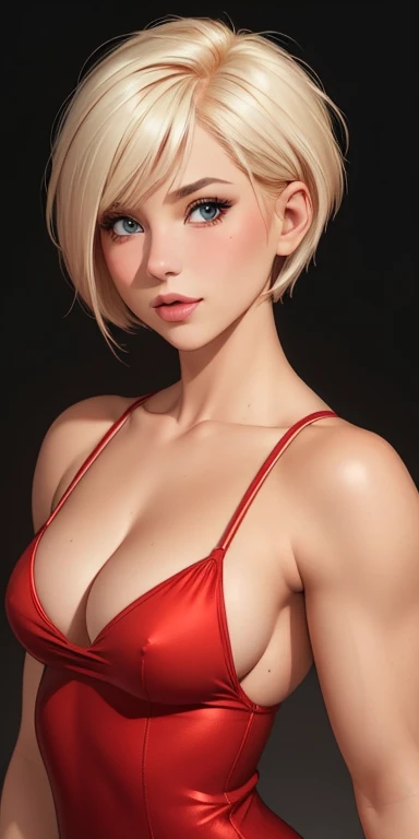 (Best Quality, ultra detailed, photorealistic: 1.39), bright and vibrant colors, studio lighting, romantic expression, short red dress, Cropped Platinum Blonde Bobcut Hair, small breasts, fit, muscular, short hair, mercenary