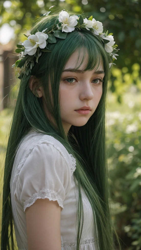 a girl. Europe. Extremely detailed face. Oval face. delicate facial features. long face. eyes half closed. green eyes. long straight hairstyle. green hair. wreath on head. sad expression. shy. straight face. outdoor