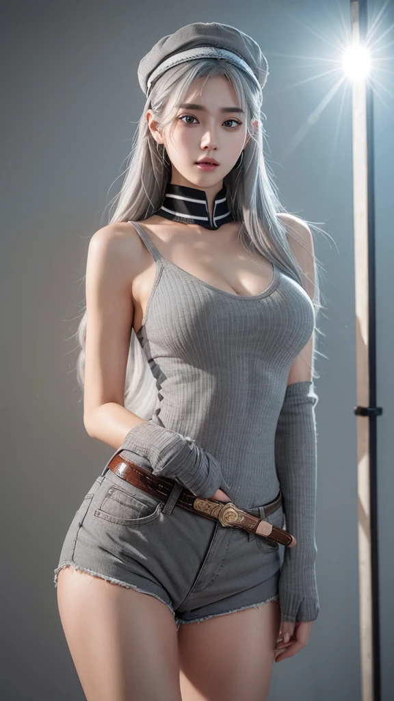 (masterpiece),((super detailed)), (highly detailed CG illustration),(emotionless), (best quality:1.2),(1girl:1.2),High quality, detailed textures Intricate, detailed textures, High quality shadows, realistic representation of the face, Detailed beautiful face, Detailed beautiful delicate eyes, perfectly proportioned face, depth of field, ((Lens Flare, Ray tracing)), perspective, 20s, perfect body, (narrow waist:1,3) , distinct_image, (glossy skin), solo focus, (beautiful detailed eyes and detailed face), (striped hair), light source contrast, (pureerosface_v1:0.5), (ulzzang-6500-v1.1:0.5), tulen_melody, 1 guy, solo, nice body, 6 packs, big breasts, long hair, (gray hair:1.6), gray eyes, white hair, simple background, thighs, gloves, hat, heart, parted lips, shorts, alternate outfit, historical outfit, chinese swordplay, 1 flying sword behind salary, thighs, realistic guy, magic, hat, looking at camera