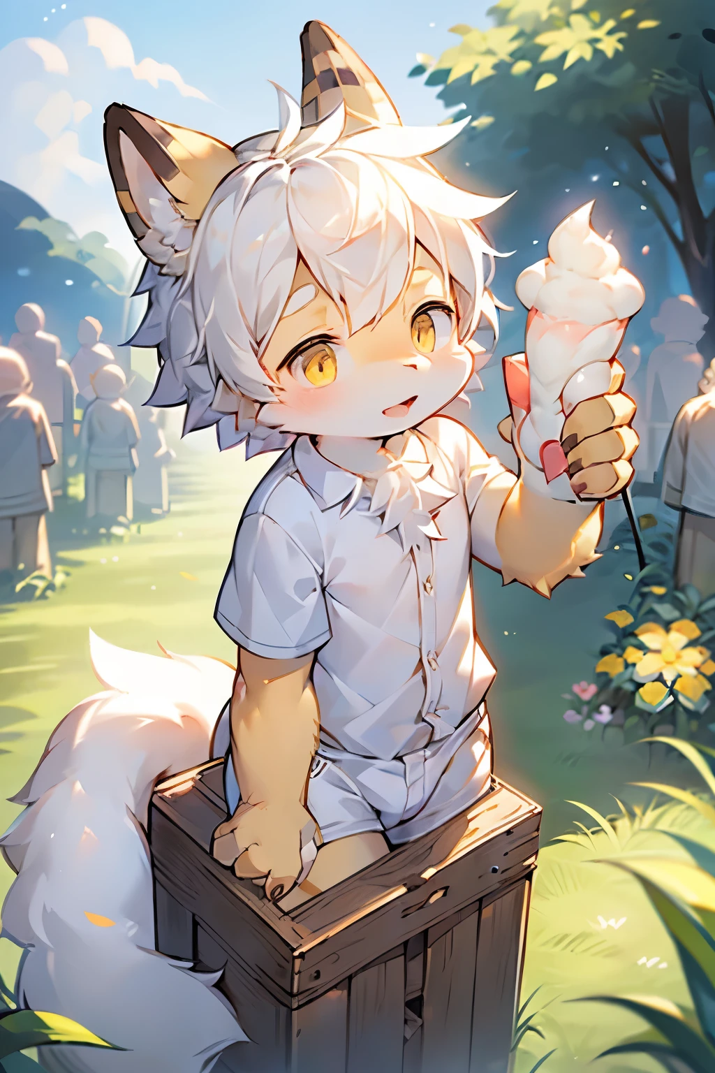 Dwarf rabbit boy,Furry boys,Baby characteristics,Yellow skin,White Arm,White hair,tie,Short sleeve,shorts,Outdoor bright background