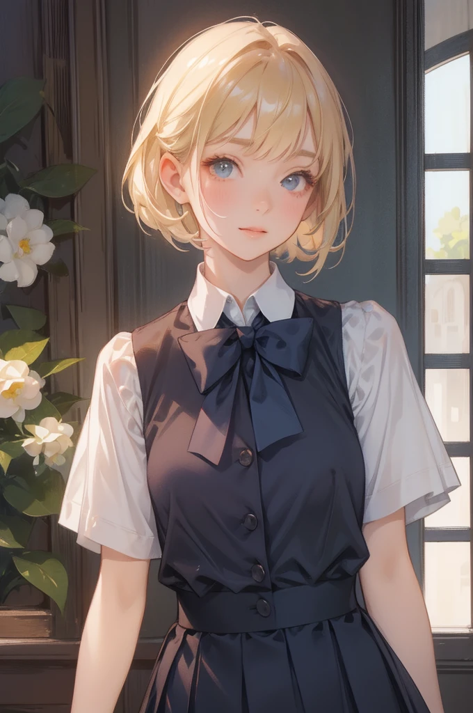 (masterpiece:1.2、Highest quality)、(Real、Photorealistic:1.4)、Beautiful illustrations、(Natural Side Lighting、Cinema Lighting)、Written boundary depth、Watching the audience、(Face focus、Upper Body)、Front view、1 girl、English、high school girl、、Perfect Face、Symmetrical cute face、Shiny skin、(Bob Hair:1.7、blonde)、Asymmetrical bangs、Big eyes、Droopy eyes、Long eyelashes、chest)、thin、Beautiful Hair、Beautiful Face、Beautiful and beautiful eyes、Beautiful clavicle、Beautiful body、美しいchest、Beautiful thighs、Beautiful legs、Beautiful fingers、((High-quality fabric、Brown knitted vest、Short sleeve white collar shirt、Navy blue pleated skirt、Navy blue bow tie))、(Beautiful views)、evening、(Inside the flower shop)、Are standing、(smile、excellent、Mouth open)、((Skirt flip、No pant