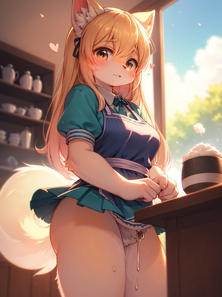 (Sumilux f1.4 50mm , low Latitude old color negative film , cross process , bokeh, flare, chromatic aberration , soft focus, (Shallow focus) , soft glow , Maximum aperture, low Key , Transparent depiction) , hentai anime style , coquettish , Cafe clerk girl , blouse, apron, skirt , heart is beating fast with anticipation , seduce move , moist perineum , Thick pee , Steam rising from pee , winter