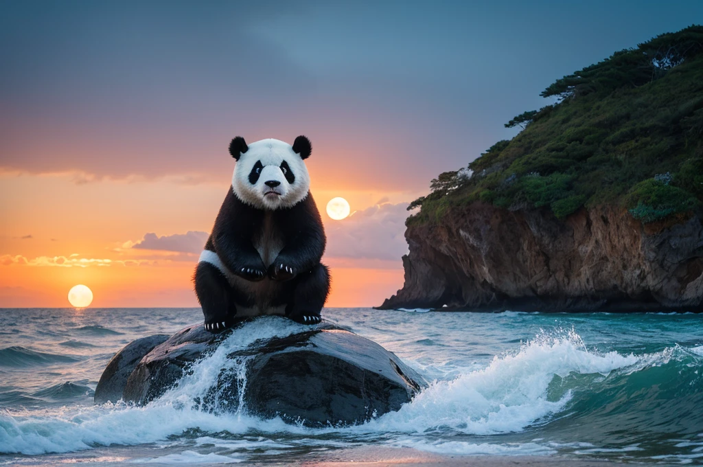 ,panda bear,ocean,cute,sunset,rassen,rock,island,space,moon