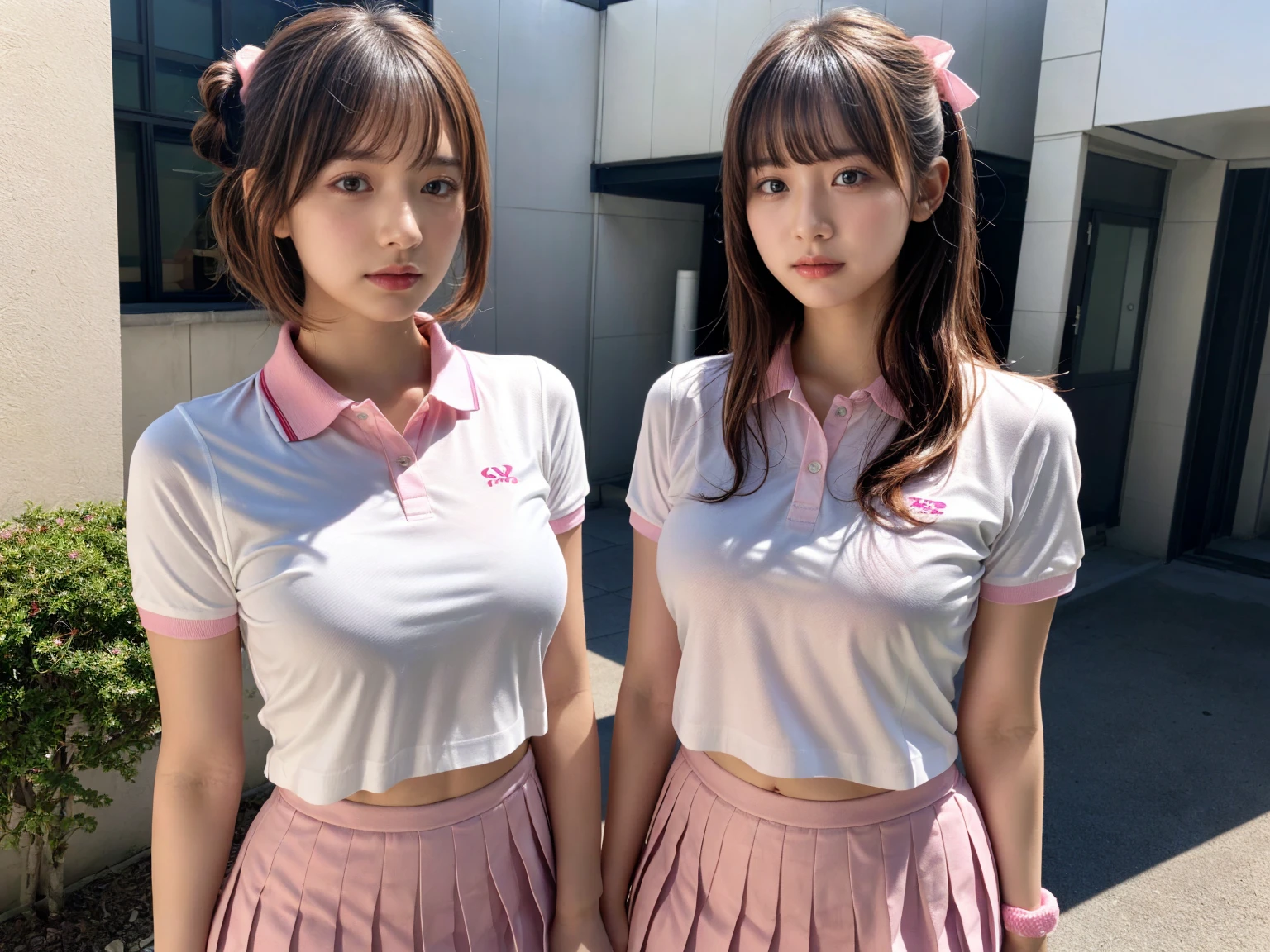 masterpiece, best quality, illustration, Super detailed, fine details, High resolution, 8K,wall paper, perfect dynamic composition,(Details High quality, realistic depiction of eyes:1.3), (2 girls), BREAK (white theme:1.4), (tucked-out short sleeve white polo shirt:1.4), (pink lines on tops outline:1.3), (pure white pleated mini skirt:1.3), (hem of top covers top half of skirt:1.3), (pink fluffy scrunchie on wrist:1.3), (white and pink sports shoes:1.2), short bob hair, (large breasts:1.2), plumpy body, black hair color, Big Natural Color Lip, (perfect body shape), crying a little、Harajuku style、20 year old girl、cute type、beautiful legs, Gravure Idol